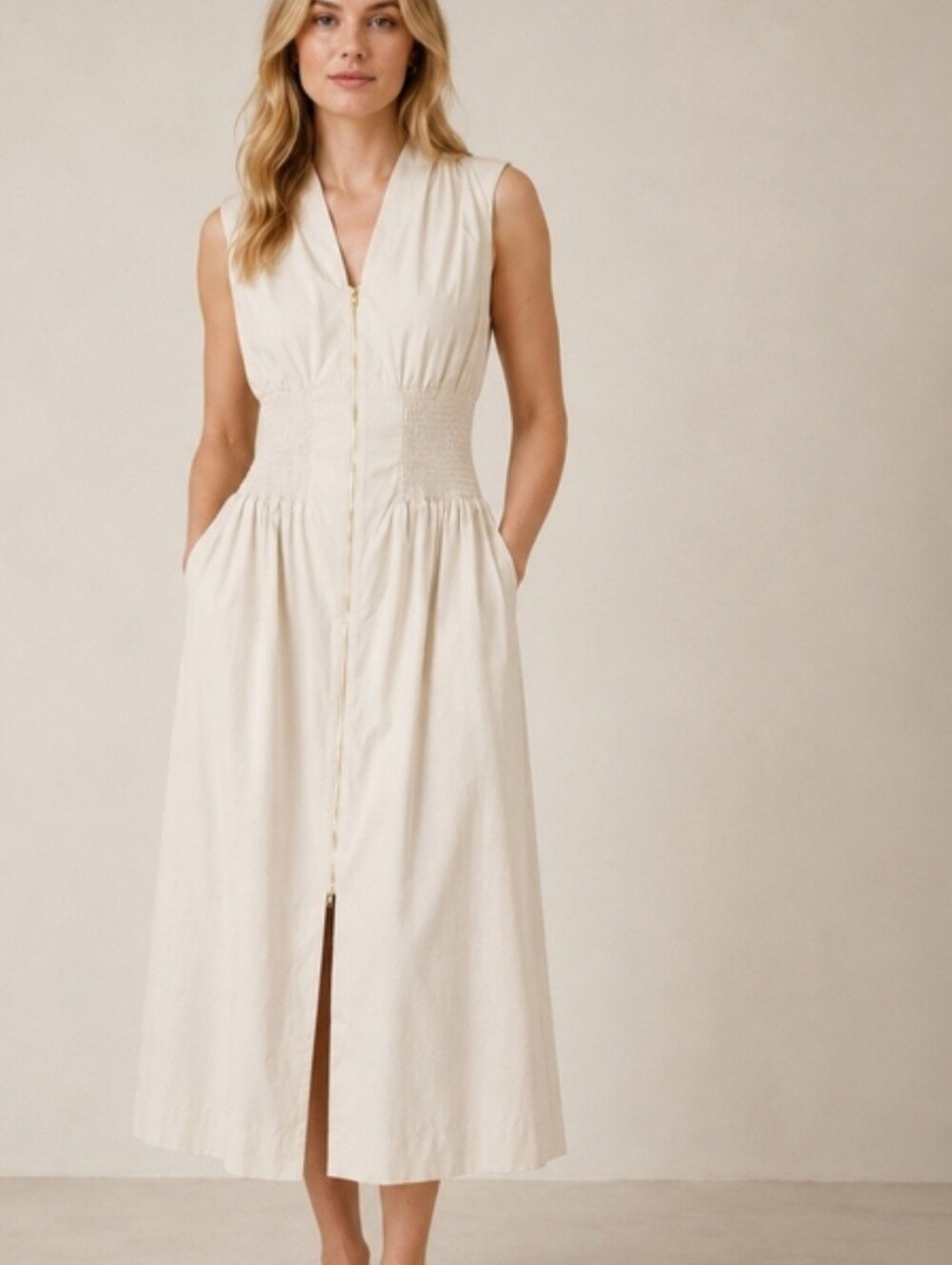 Women's Beige Sleeveless V-Neck Dual Zip Midi Dress With Pockets Size L